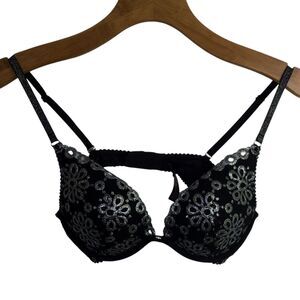 Victoria’s Secret Women Push-Up Pigeonnant Bra Emroidery Metallic Black Size 34B